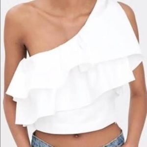 White one shoulder ruffled Zara crop top